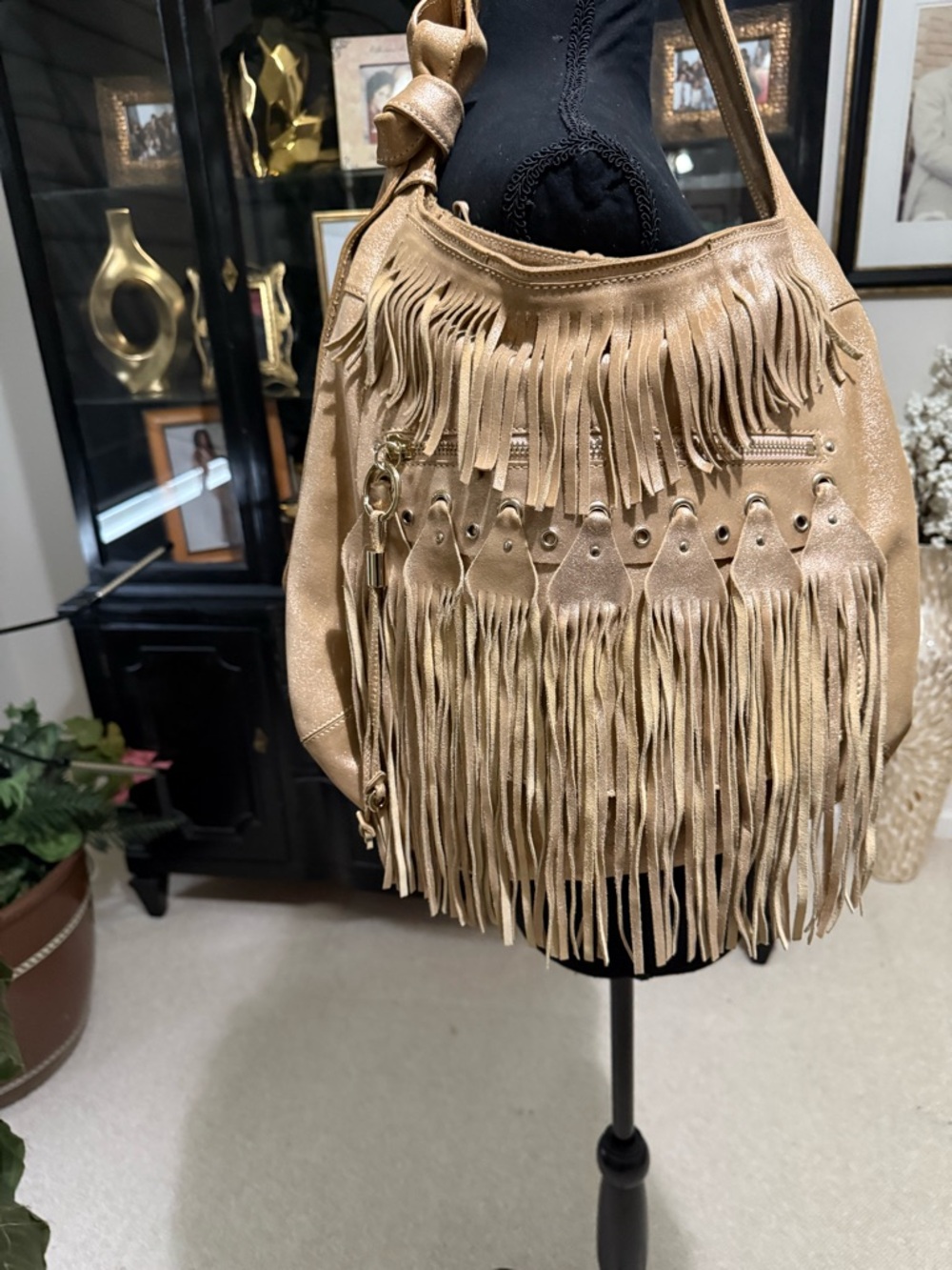 Jimmy Choo Metallic Tan Fringe Hobo Bag